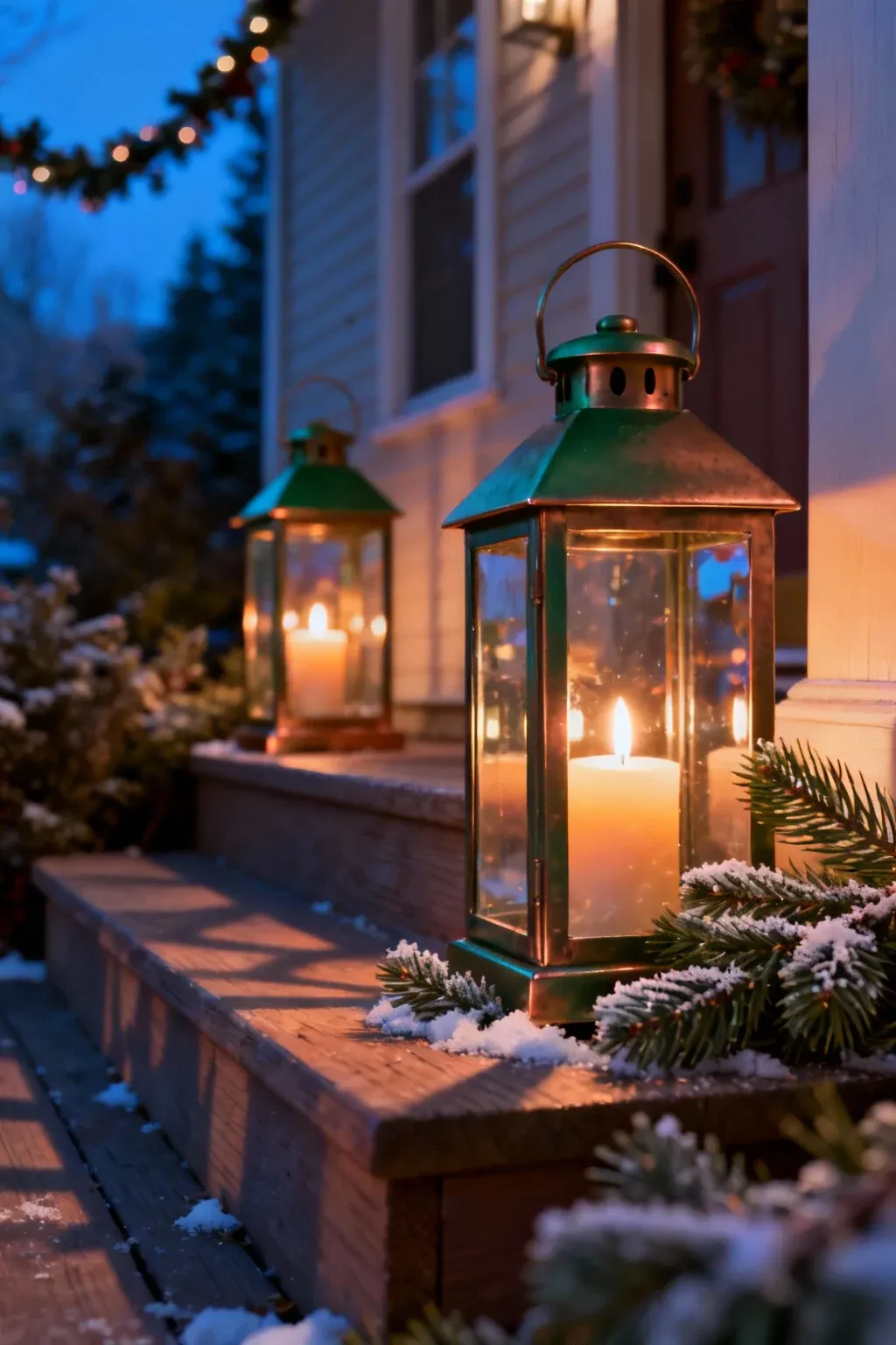 Assorted metal lanterns with glowing LED candles surrounded by greenery on porch steps.