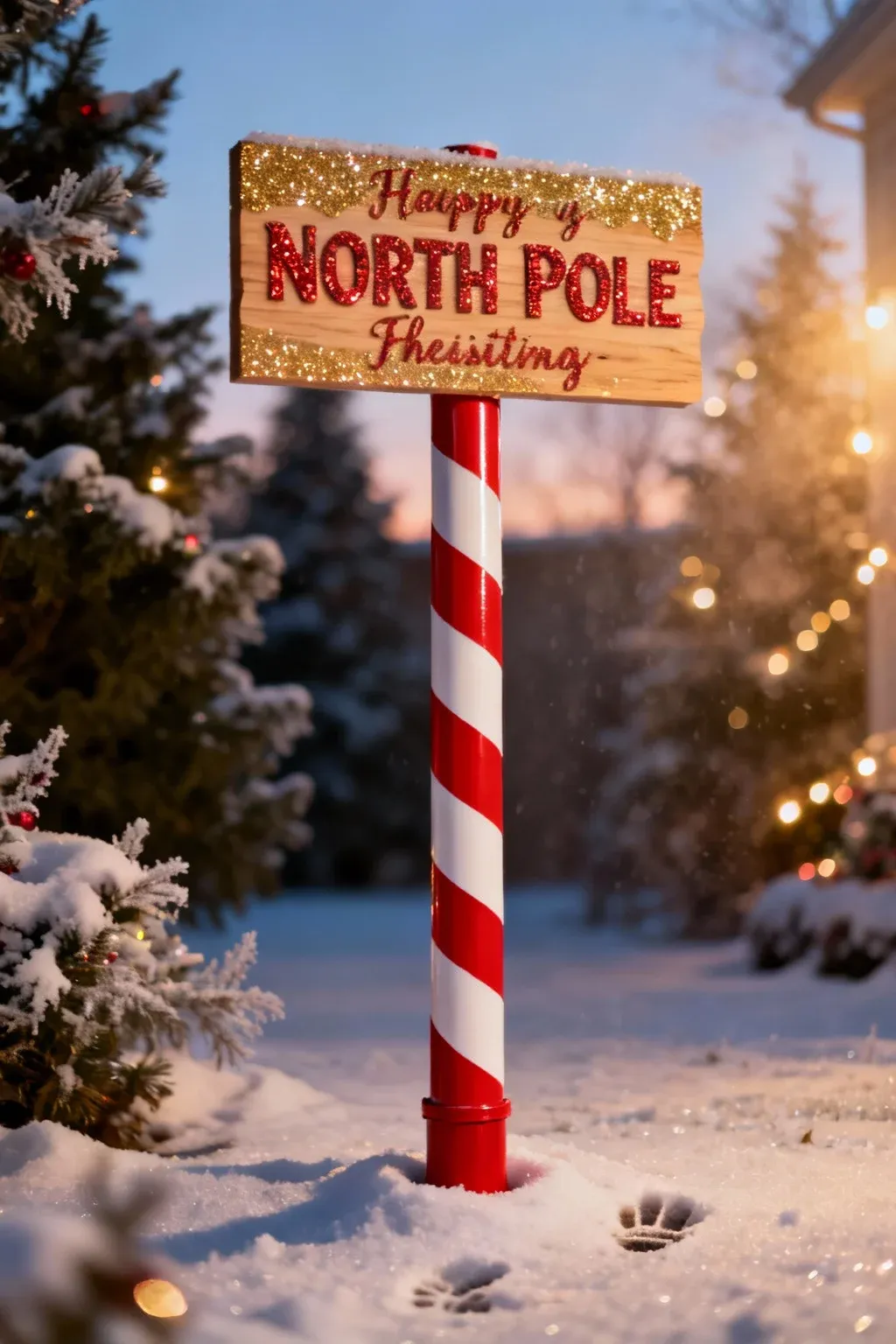 DIY North Pole holiday sign made from striped PVC pipe with glittered letters placed in snowy yard.