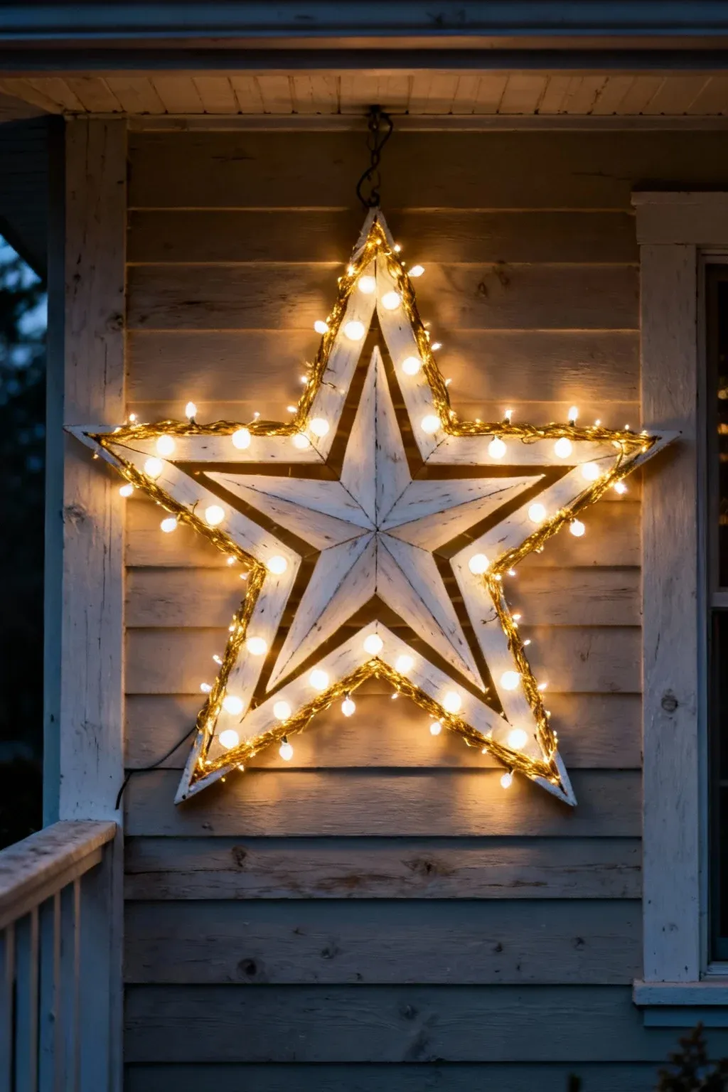 Wooden star silhouette wrapped with golden fairy lights glowing on a porch wall.