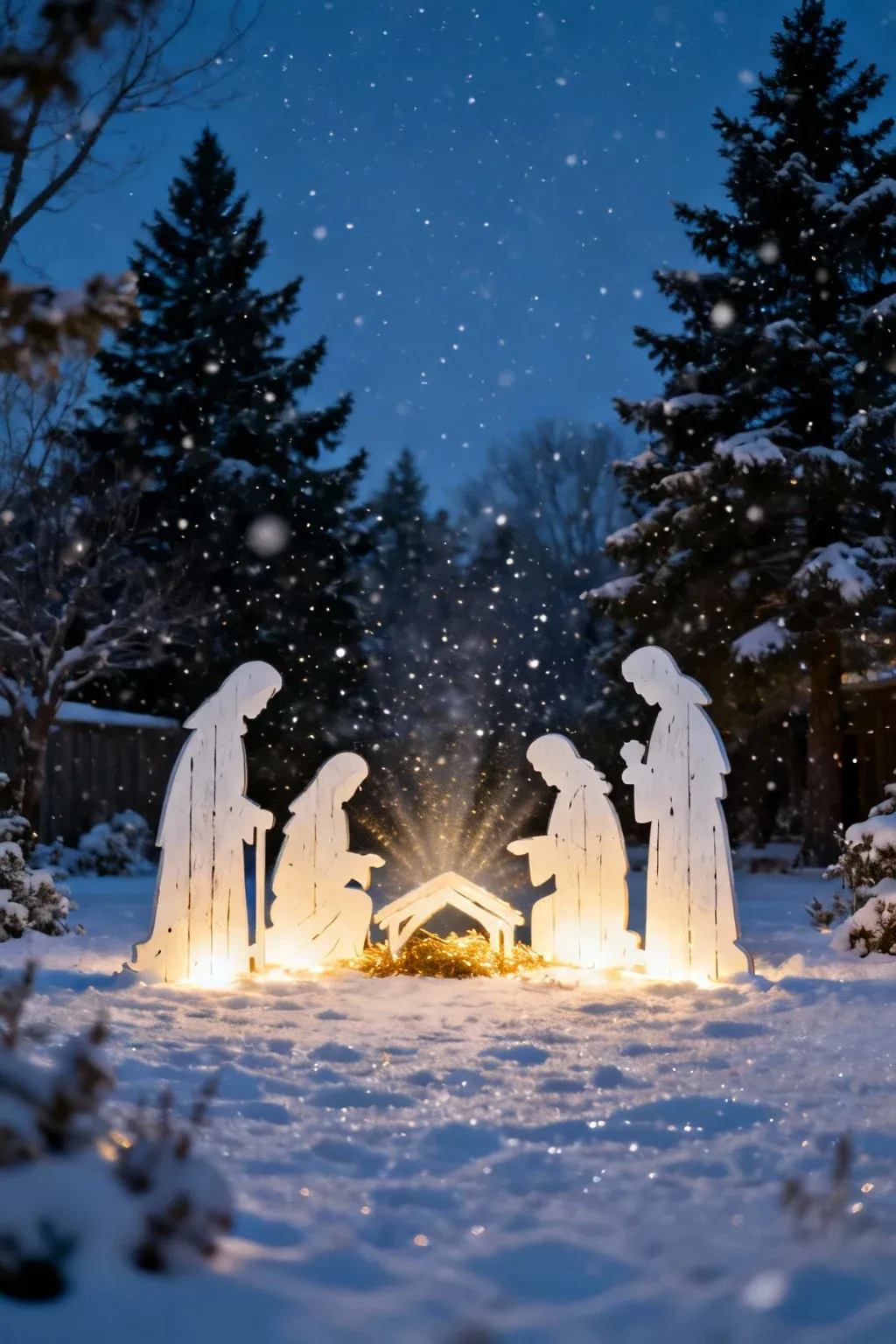 Lighted plywood nativity silhouettes glowing softly in a snowy winter yard.