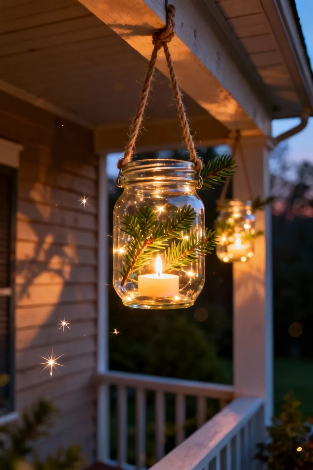 Glowing mason jars with evergreen sprigs hanging from a porch beam using rustic twine.