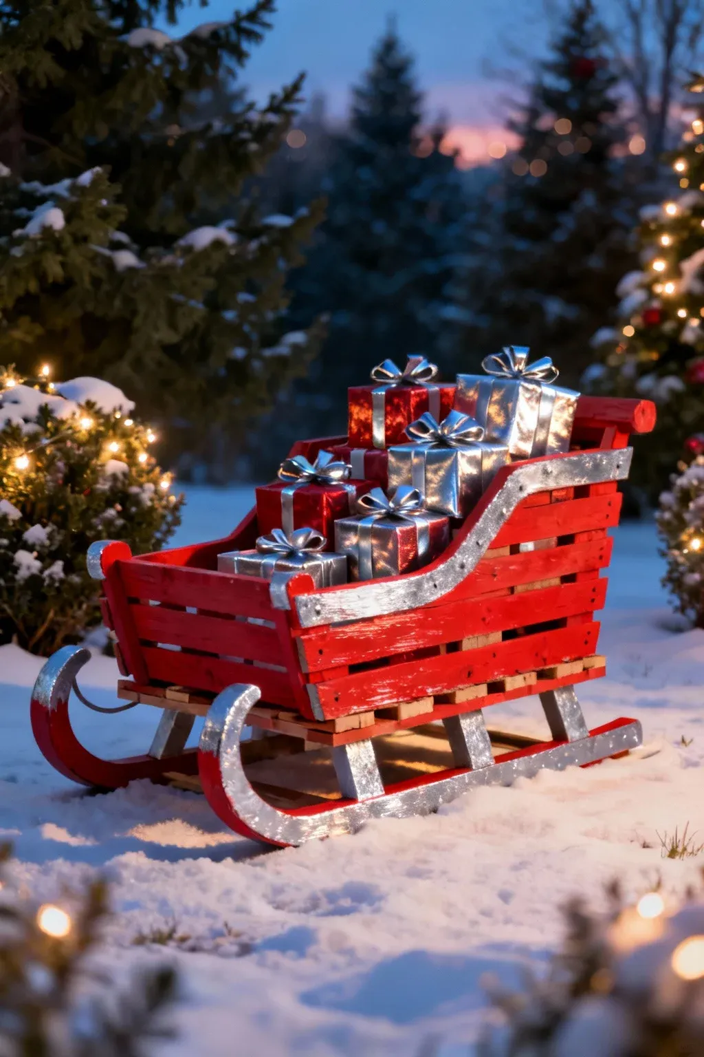 DIY wooden sleigh built from pallets filled with wrapped gifts on a snowy front lawn.