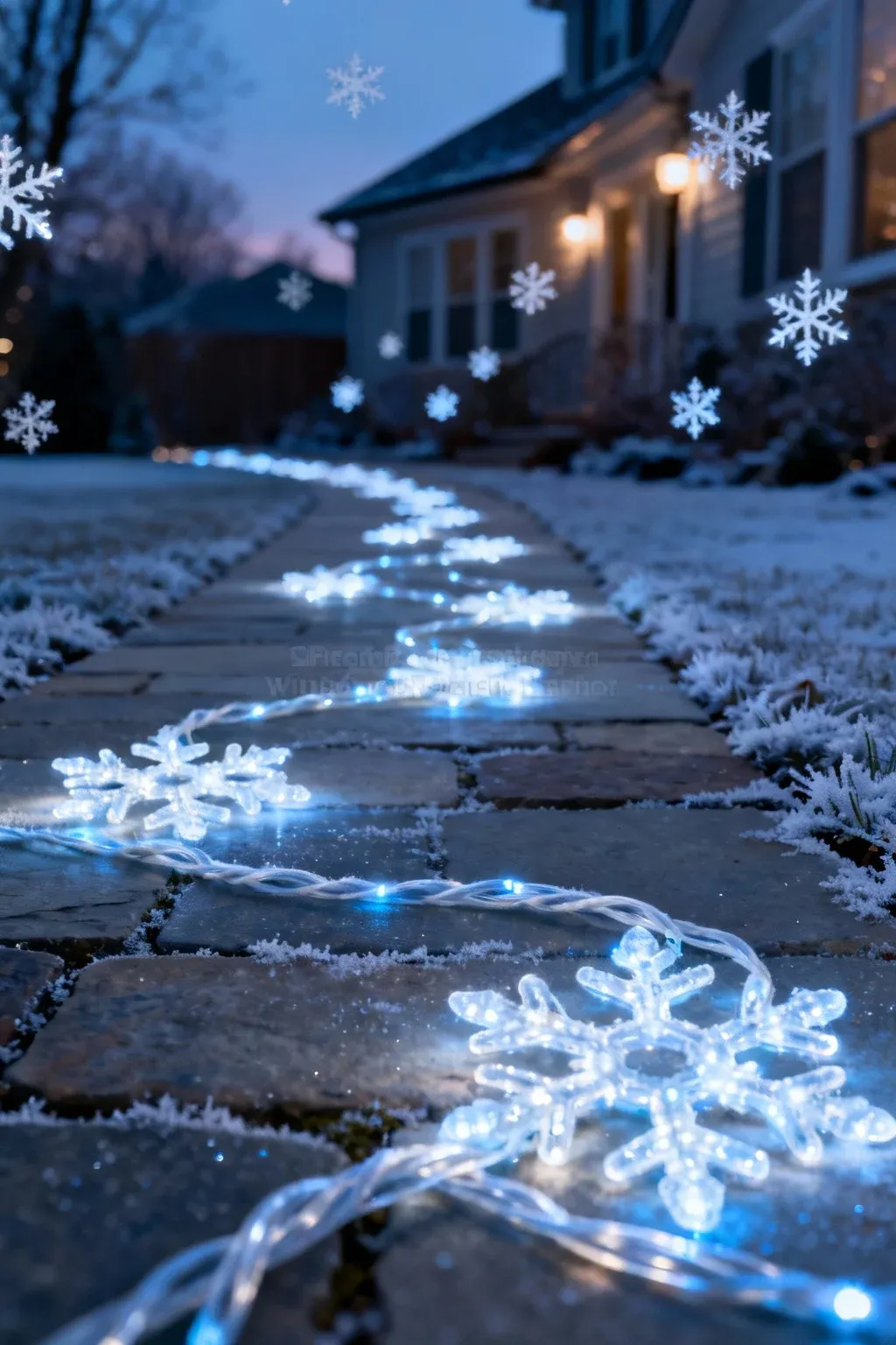 Glowing snowflake-shaped rope lights outlining a frozen walkway during twilight.