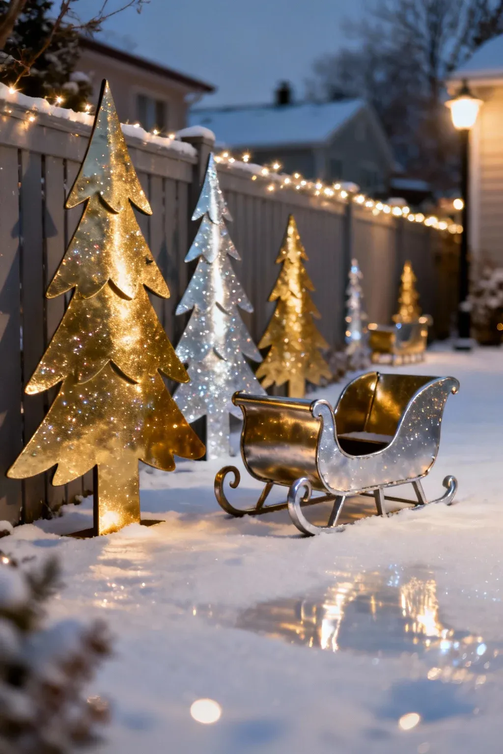 Metallic-painted Christmas silhouettes of trees and sleighs glowing along a snowy fence.