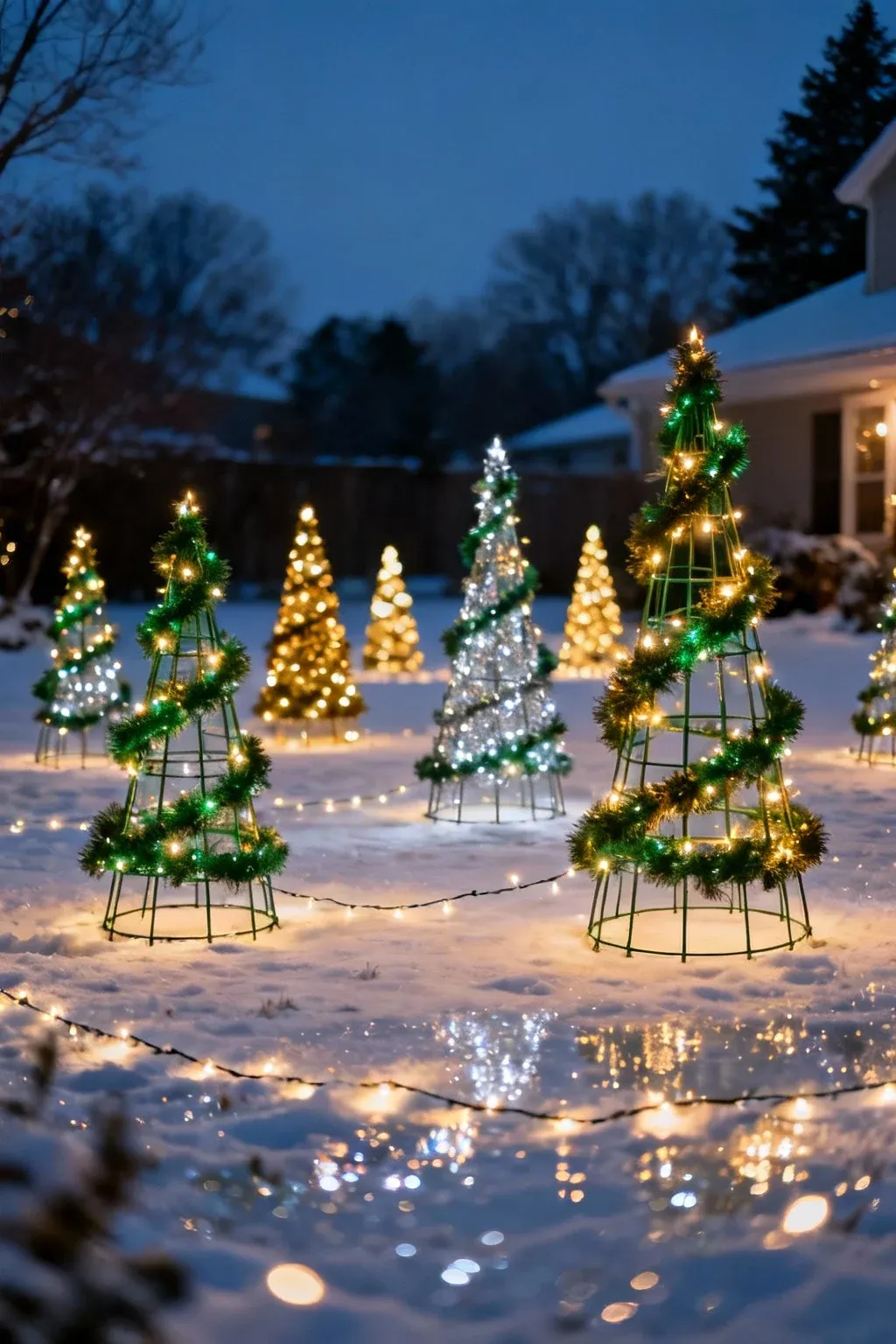 DIY mini Christmas tree forest made from tomato cages wrapped in green garland and lights.