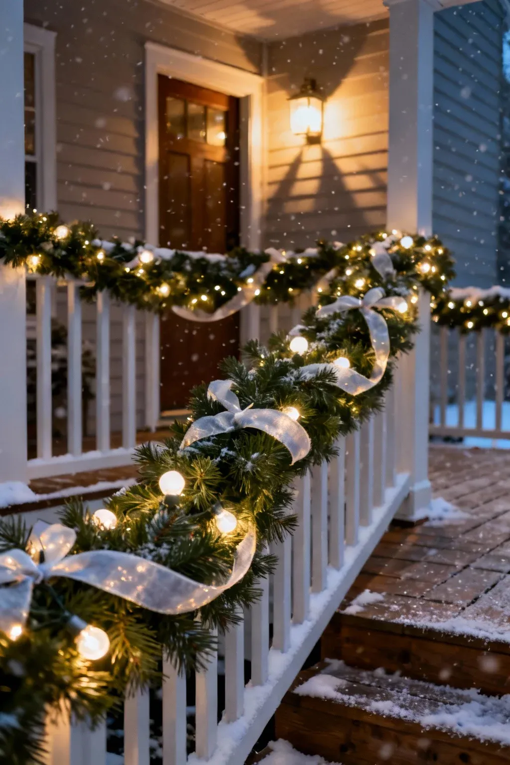 Evergreen garland with twinkling lights wrapped around front porch railings during evening snowfall.