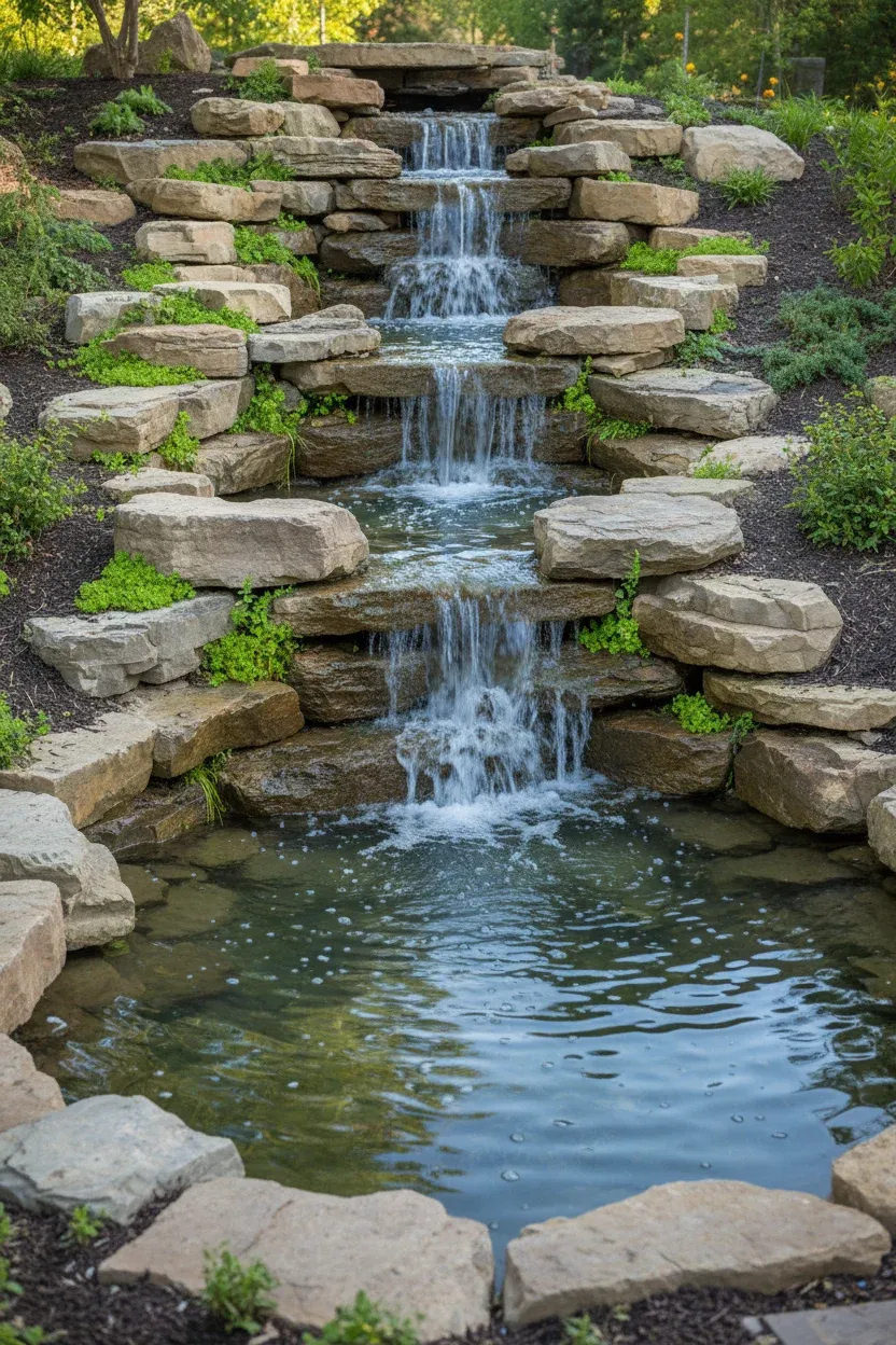Tiered rock waterfall gently flowing into a small pond surrounded by natural plants.