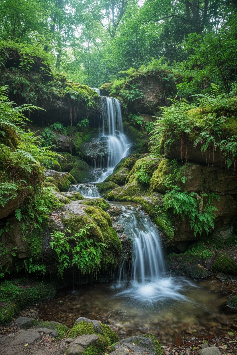 Natural rock waterfall surrounded by lush moss and ferns in a shaded woodland garden.