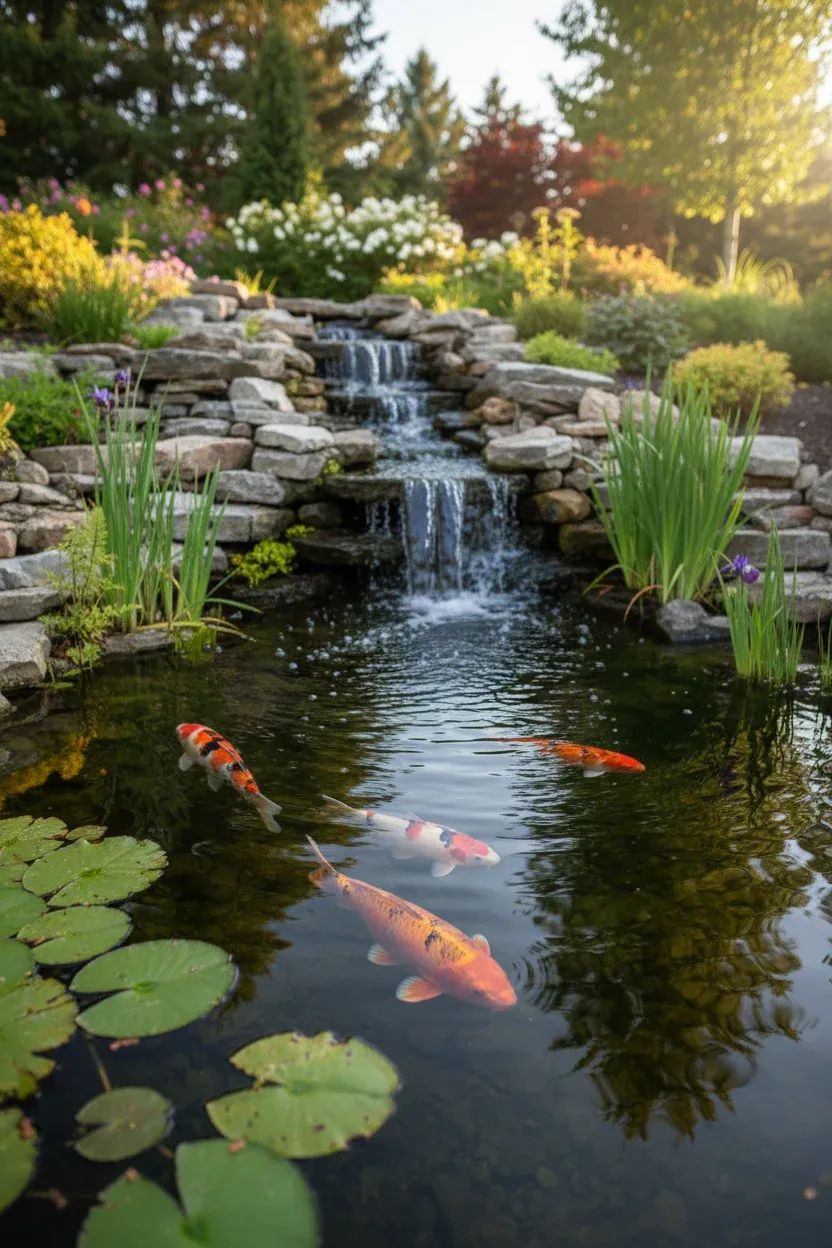 Backyard pond with small waterfalls and koi fish swimming under gentle sunlight.
