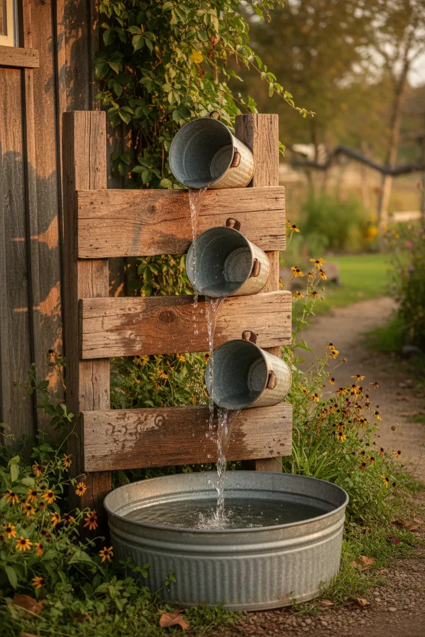 Rustic cascading waterfall made from reclaimed wood and galvanized metal tubs on a farmhouse porch.