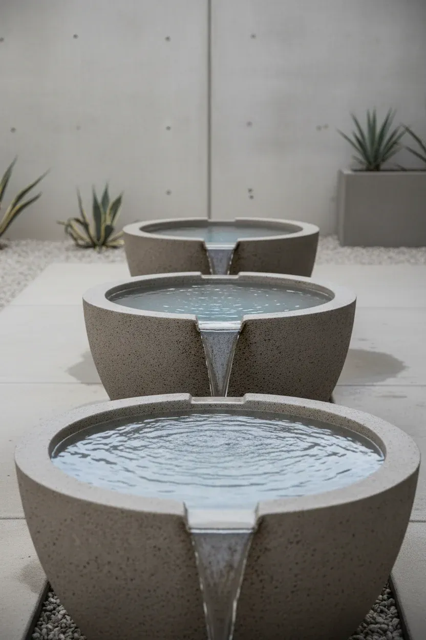 Concrete spillway bowl water feature with flowing minimalist design on a contemporary patio.