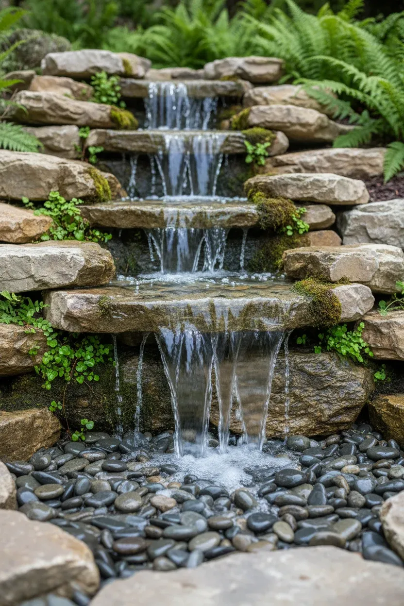 Seamless natural-looking garden waterfall with hidden pump and polished stones surrounding it.