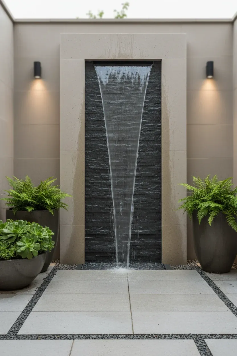 Vertical wall-mounted waterfall feature integrated into a compact modern patio corner.