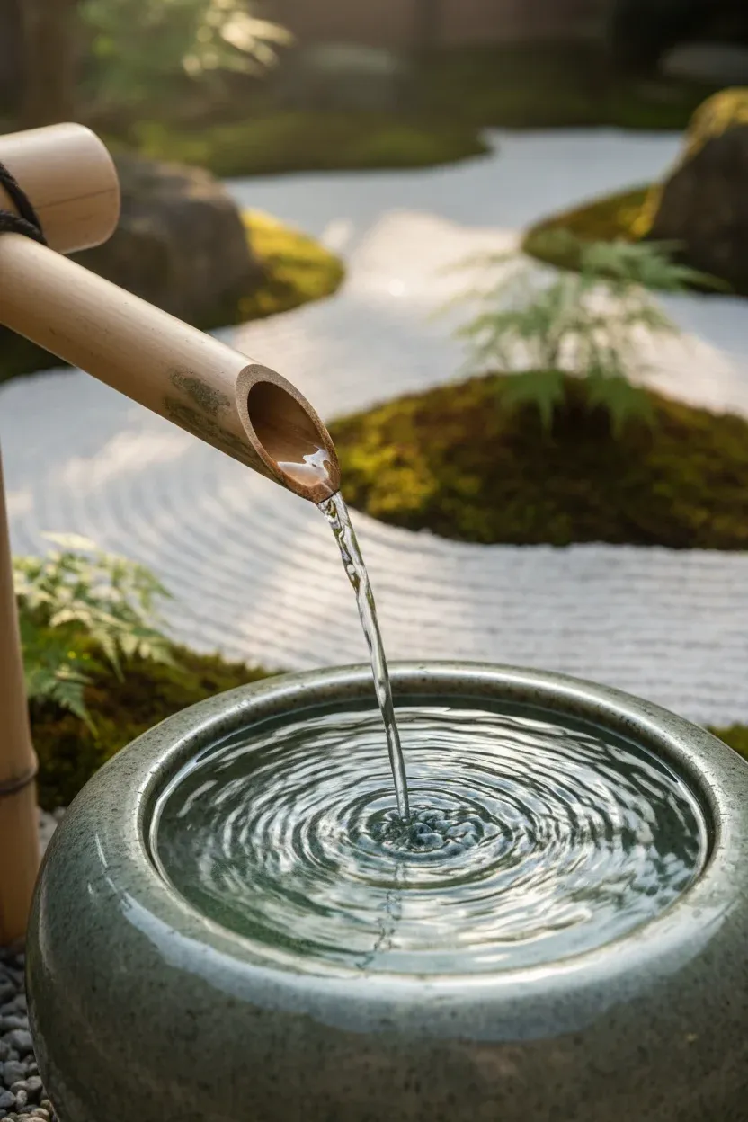 Bamboo water spout pouring into a round stone bowl amid a serene Japanese-style garden.