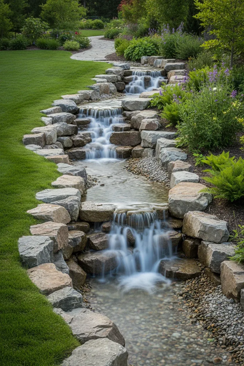 Rock waterfall feature used as a landscaping border between a lawn and a flower garden area.