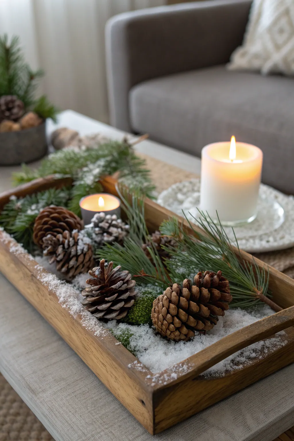 Rustic wooden tray with pinecones, evergreen sprigs, and faux snow on a cozy coffee table.