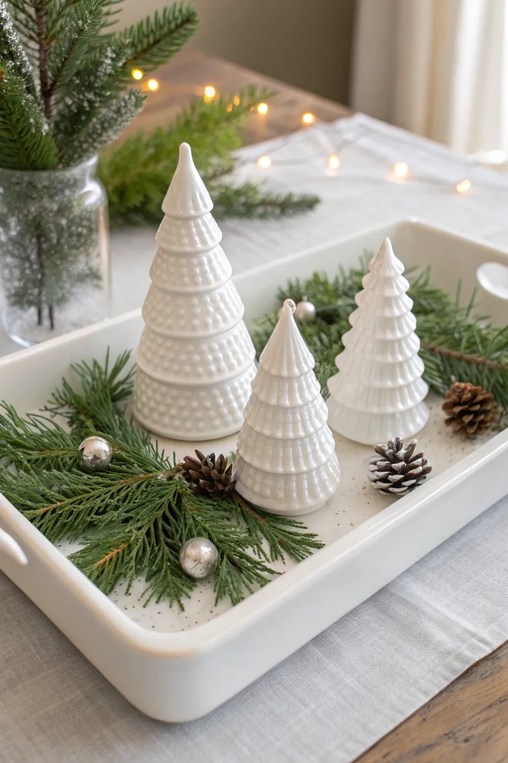 White ceramic tray with small Christmas trees and pine accents in a bright minimalist room.