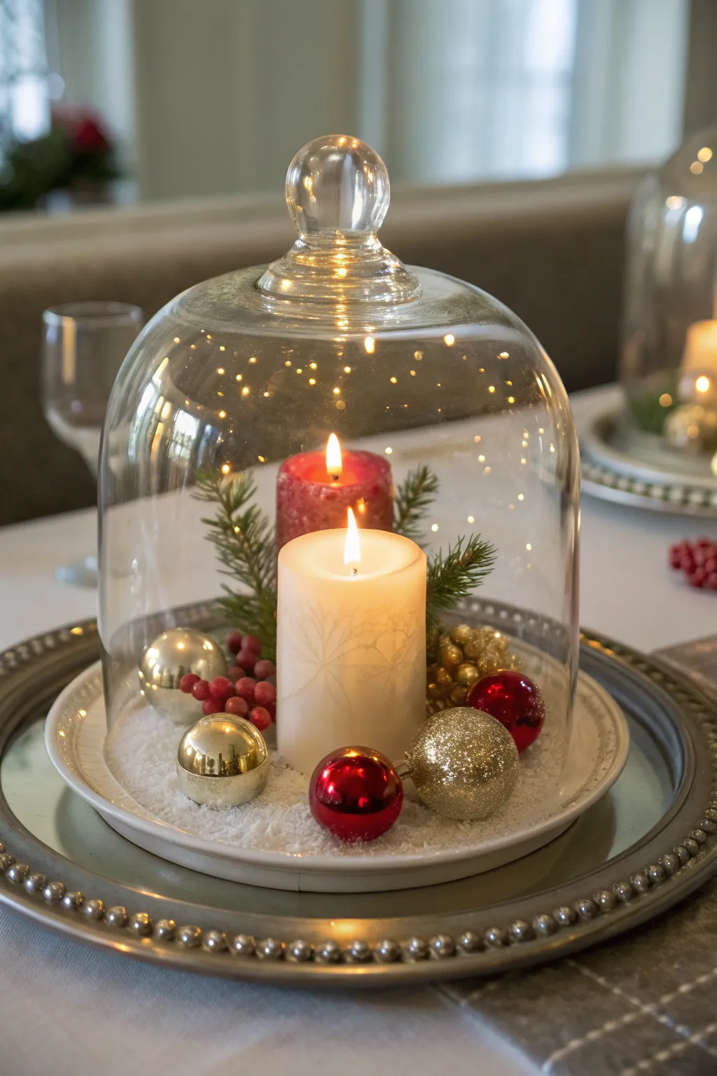 Glass cloche centerpiece with candle and ornaments on a mirrored tray reflecting warm light.