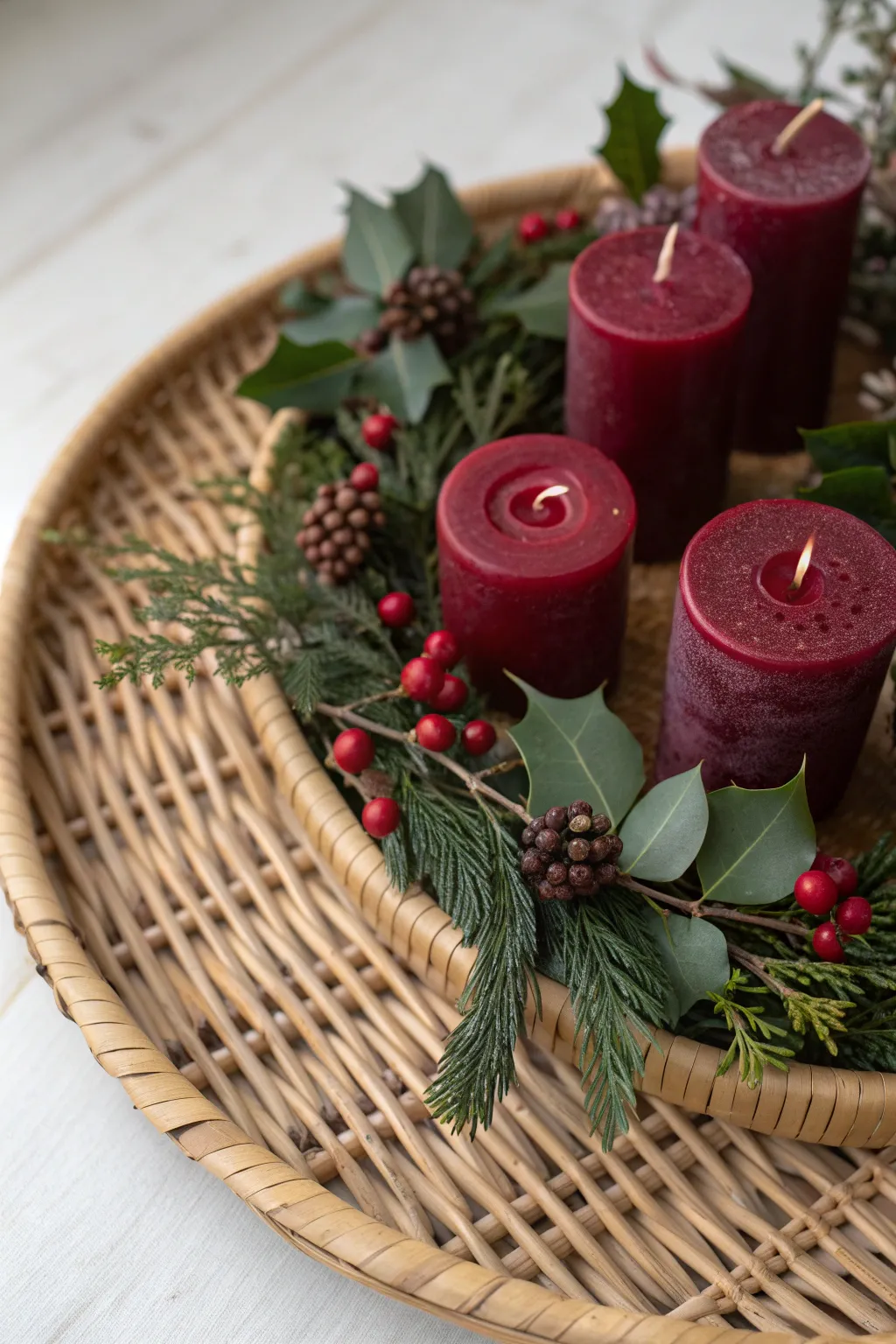 Round rattan tray with red candles, holly branches, and berries in soft cozy lighting.