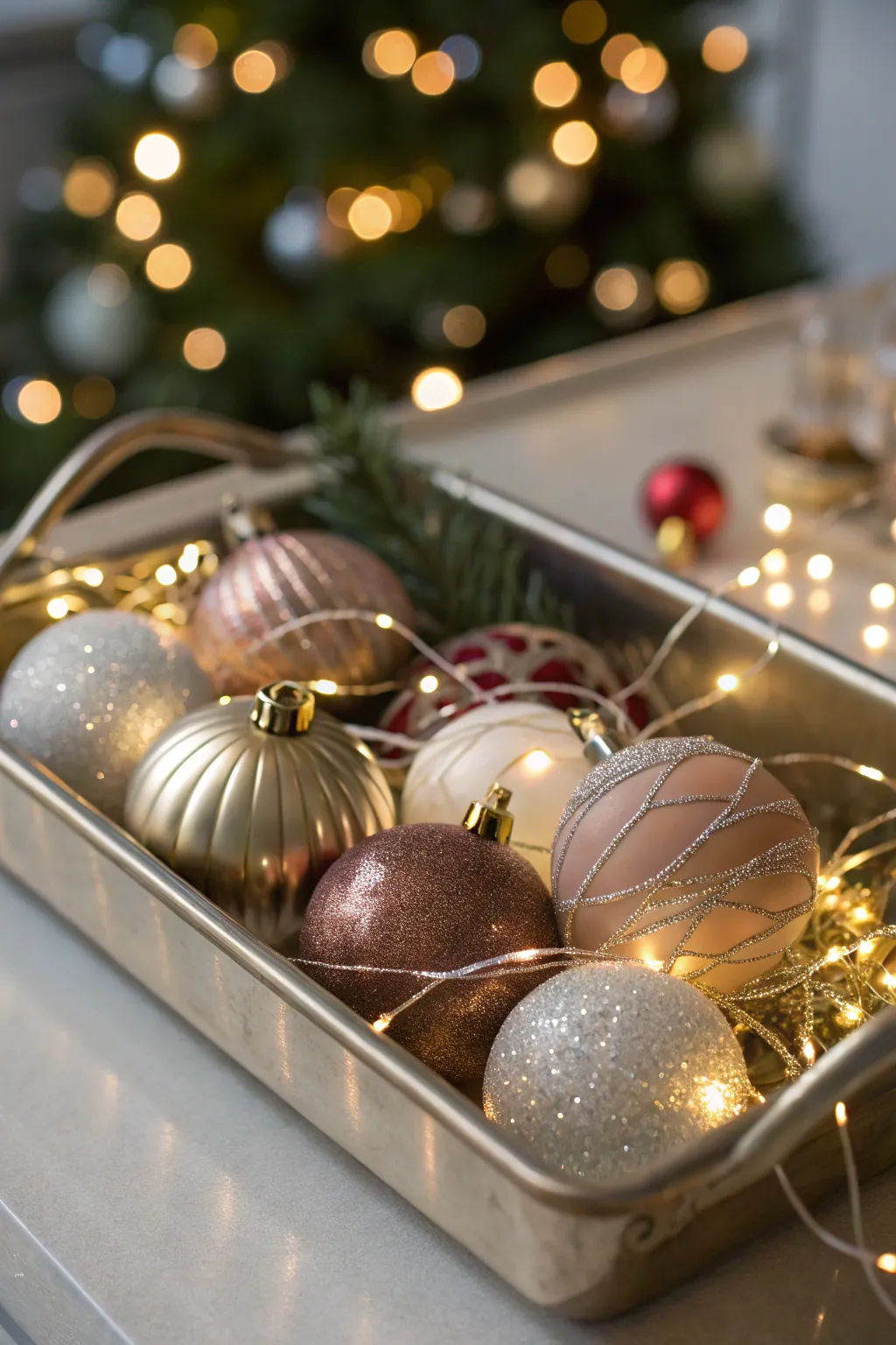 Metal tray filled with mixed Christmas ornaments and glowing fairy lights.