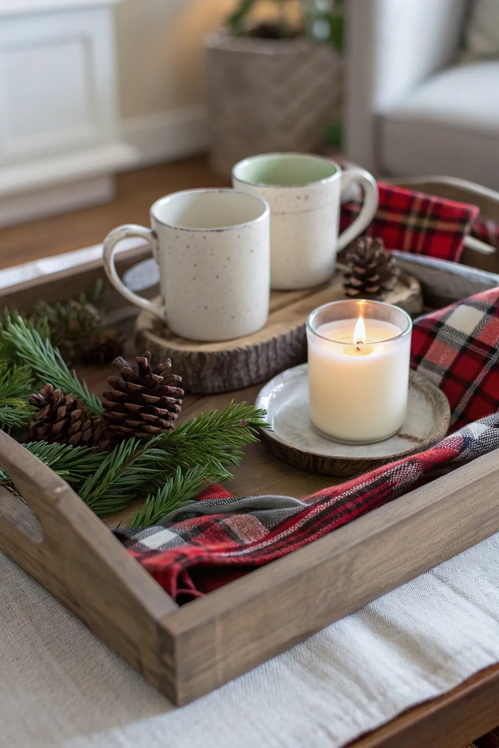 Farmhouse wooden tray with plaid napkins, mugs, and pine greenery on a cozy table.
