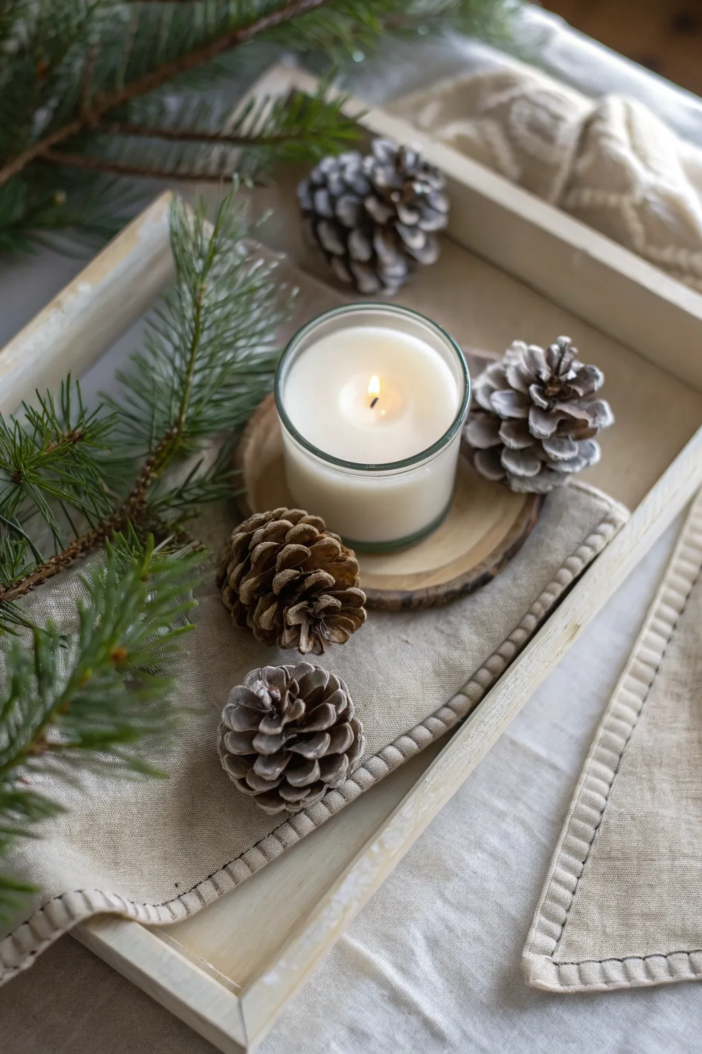 Neutral wooden tray with candle, linen coasters, and frosted pinecones in soft winter light.