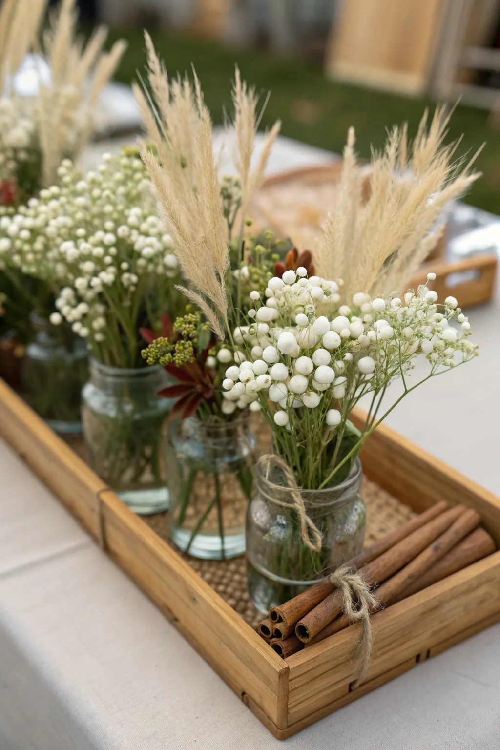 Rectangular bamboo tray with winter florals and cinnamon sticks arranged naturally.