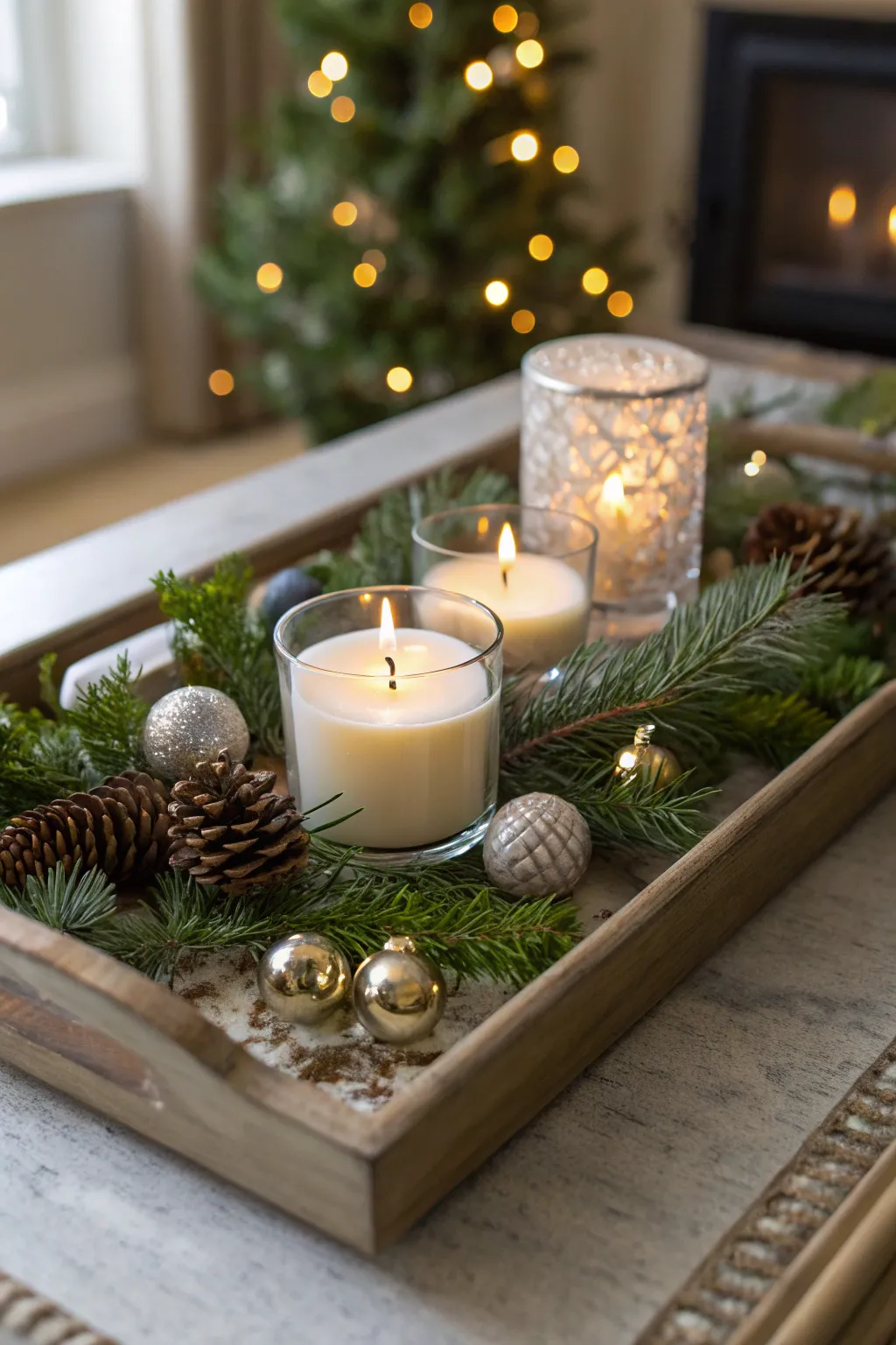 Entry table with a tray of scented candles, pine sprigs, and ornaments warmly lit.
