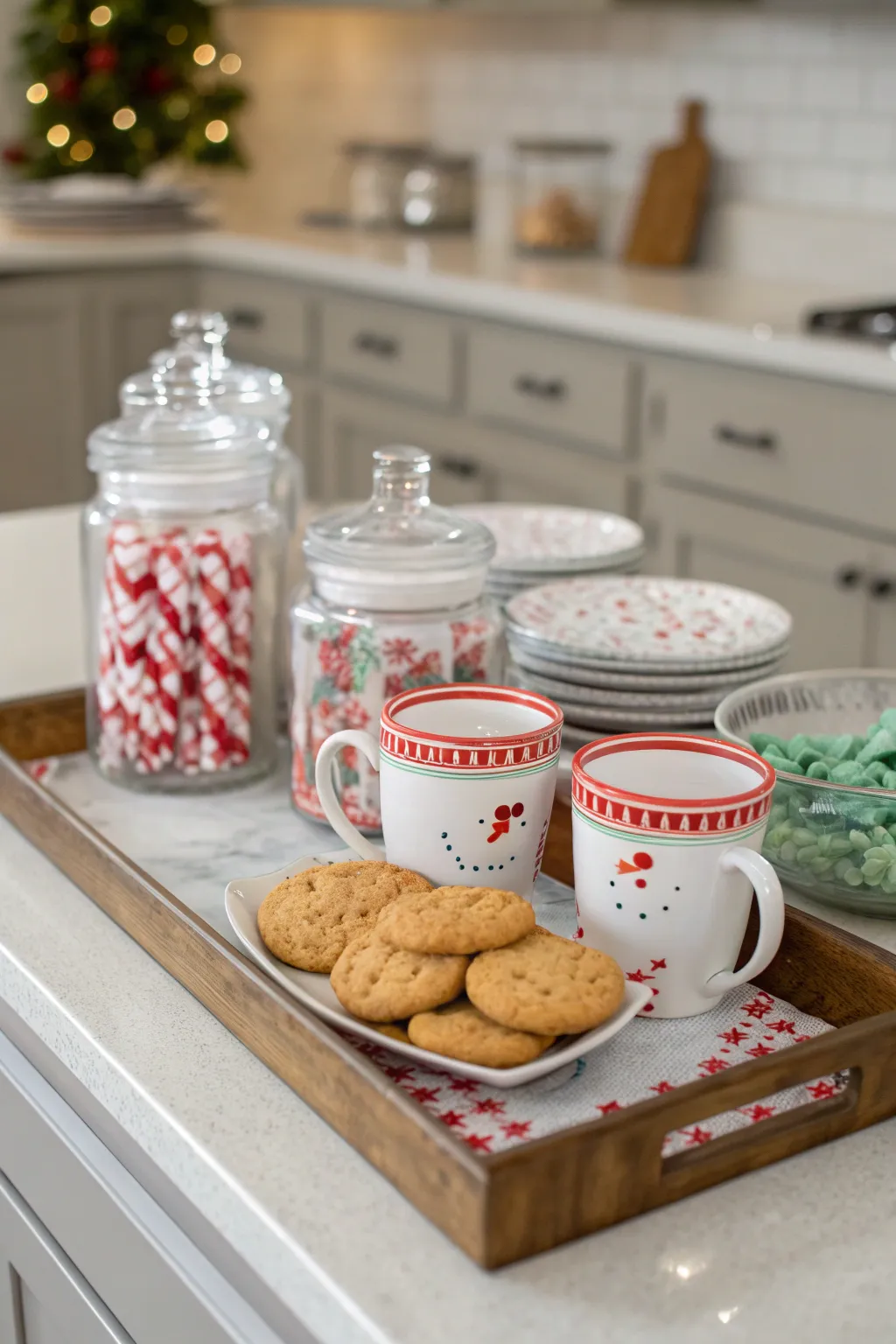 Kitchen tray with peppermint jars, cookie plates, and festive mugs on a holiday counter.