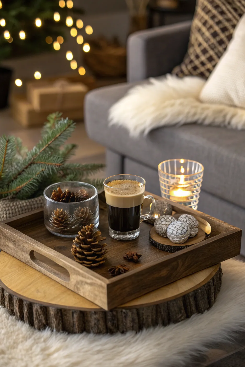 Winter-themed coffee table tray with glass, wood, and faux fur elements under warm lighting.