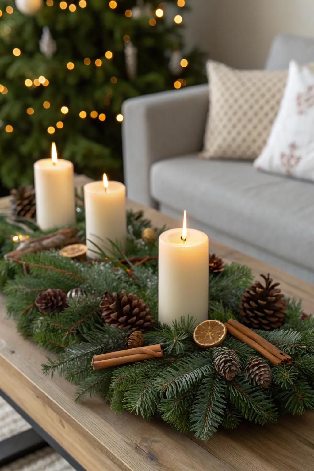 A pine garland with candles and pinecones decorates a cozy Christmas coffee table.