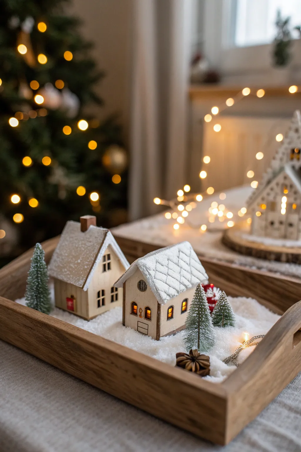 Tiny Christmas village with miniature houses and fairy lights displayed on a wooden tray.
