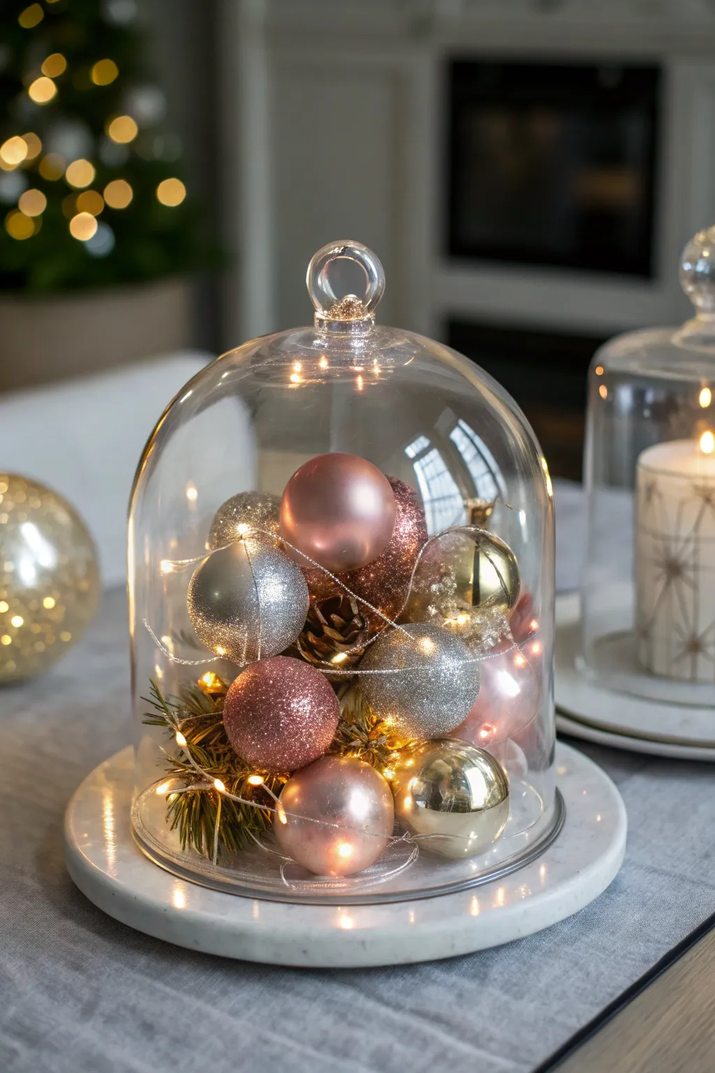 A glass cloche with glowing fairy lights surrounding shiny Christmas ornaments.