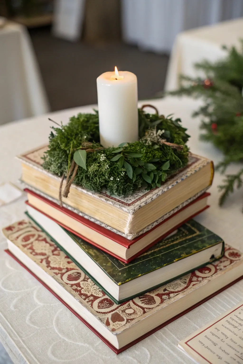 Stacked decorative books with a small green wreath and candle on top for Christmas decor.