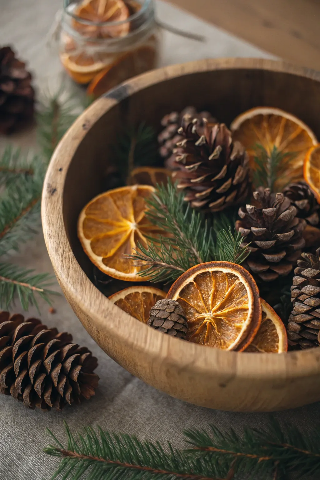 Rustic wooden bowl filled with pinecones, dried orange slices, and sprigs of evergreen.