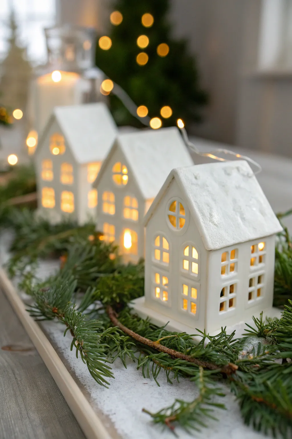 White ceramic houses with soft inner glow surrounded by evergreen sprigs for Christmas decor.