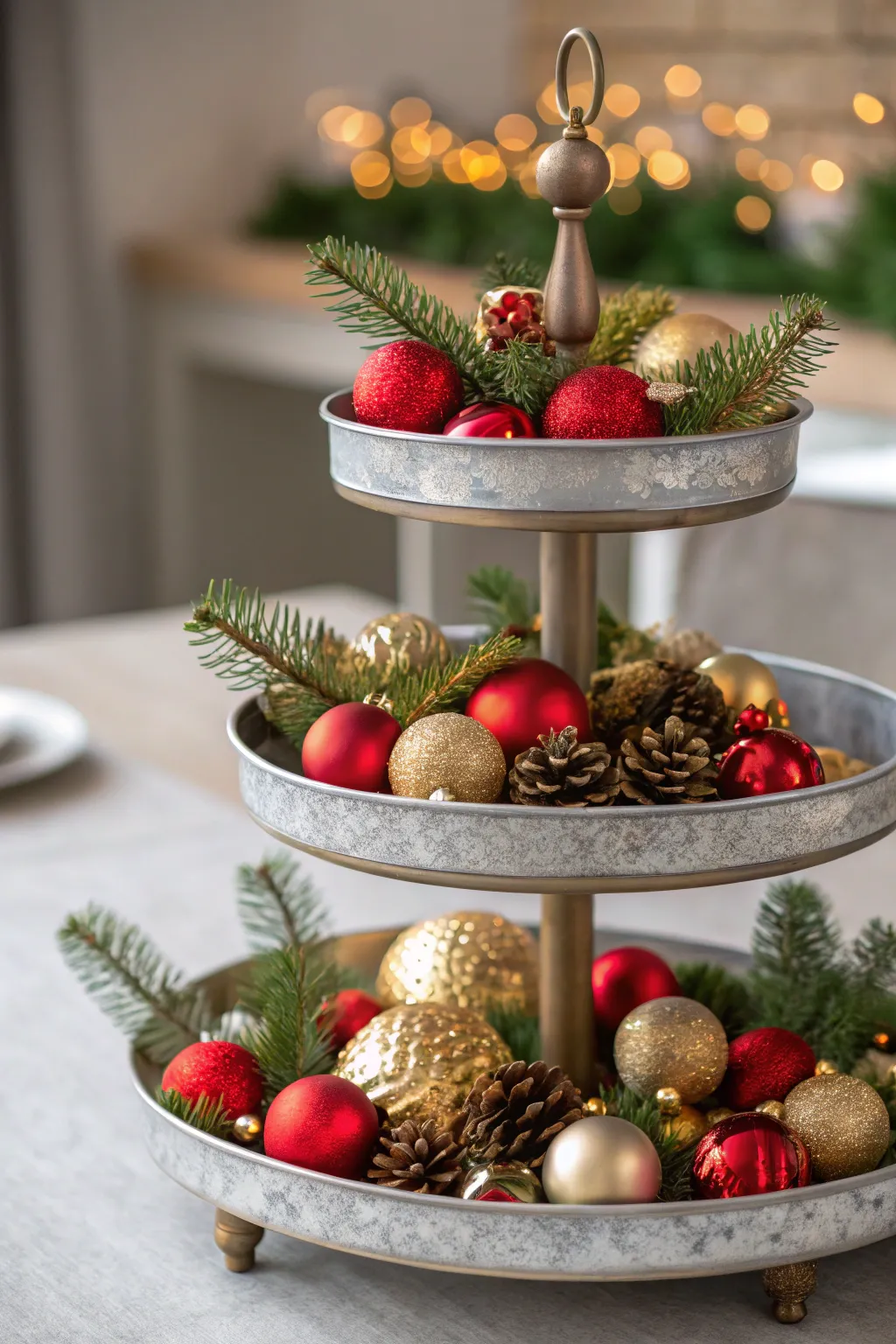 Tiered tray filled with red and gold ornaments, pine sprigs, and Christmas accents.