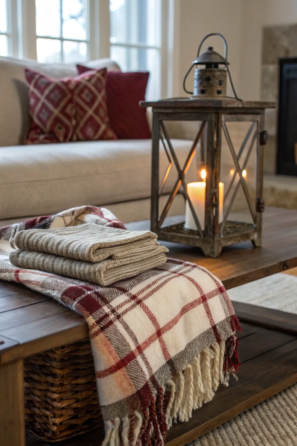 Plaid throw blanket under a rustic metal lantern with glowing candle on a cozy table.