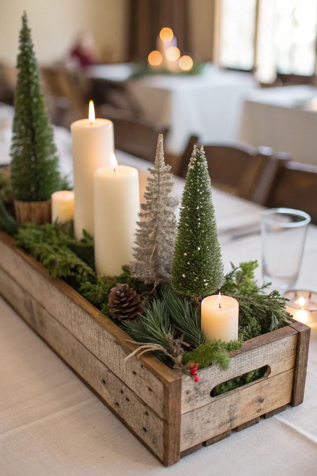 A wooden crate centerpiece filled with candles and miniature Christmas trees.