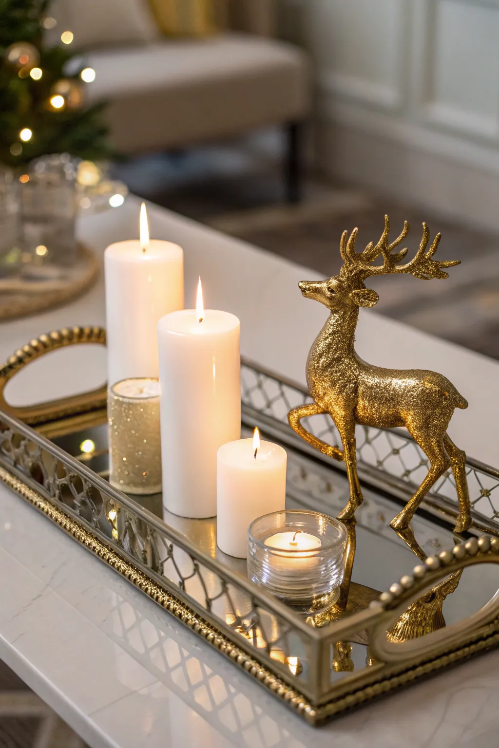Mirrored tray holding candles and a gold reindeer figurine reflecting soft warm light.