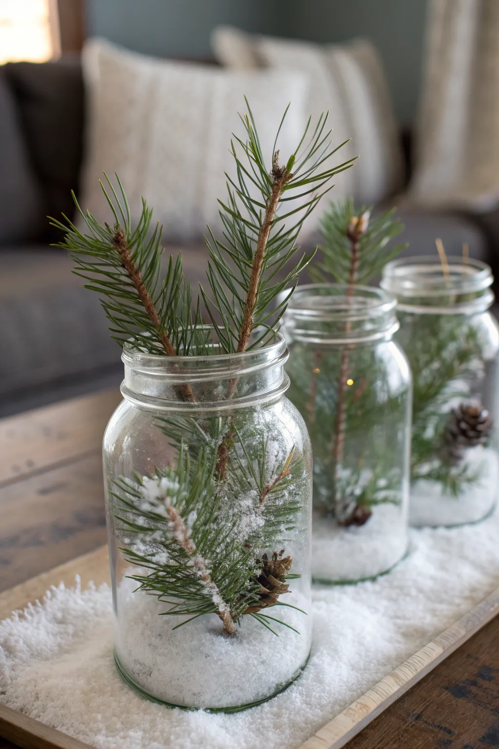 Glass jars with pine branches dusted in faux snow arranged on a rustic table for Christmas.