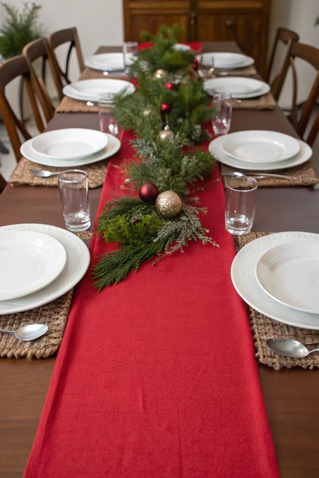 Elegant dining table with a red table runner, white plates, and greenery accents under soft lighting