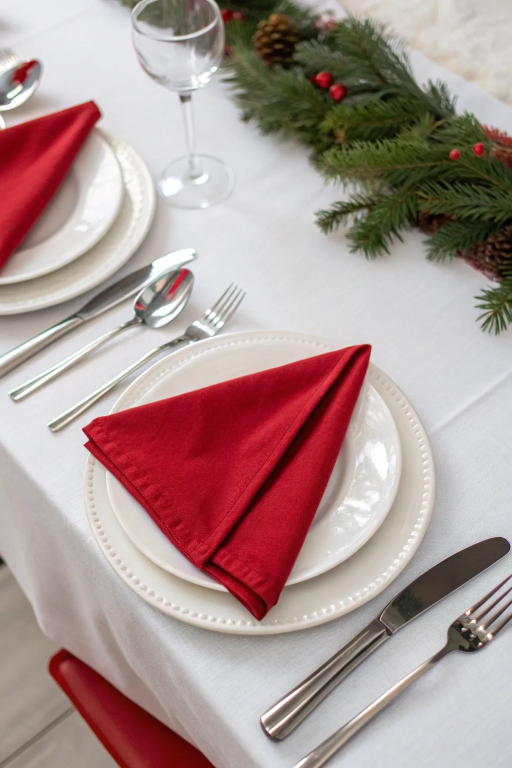 White tablecloth table setting with folded red napkins beneath polished silverware