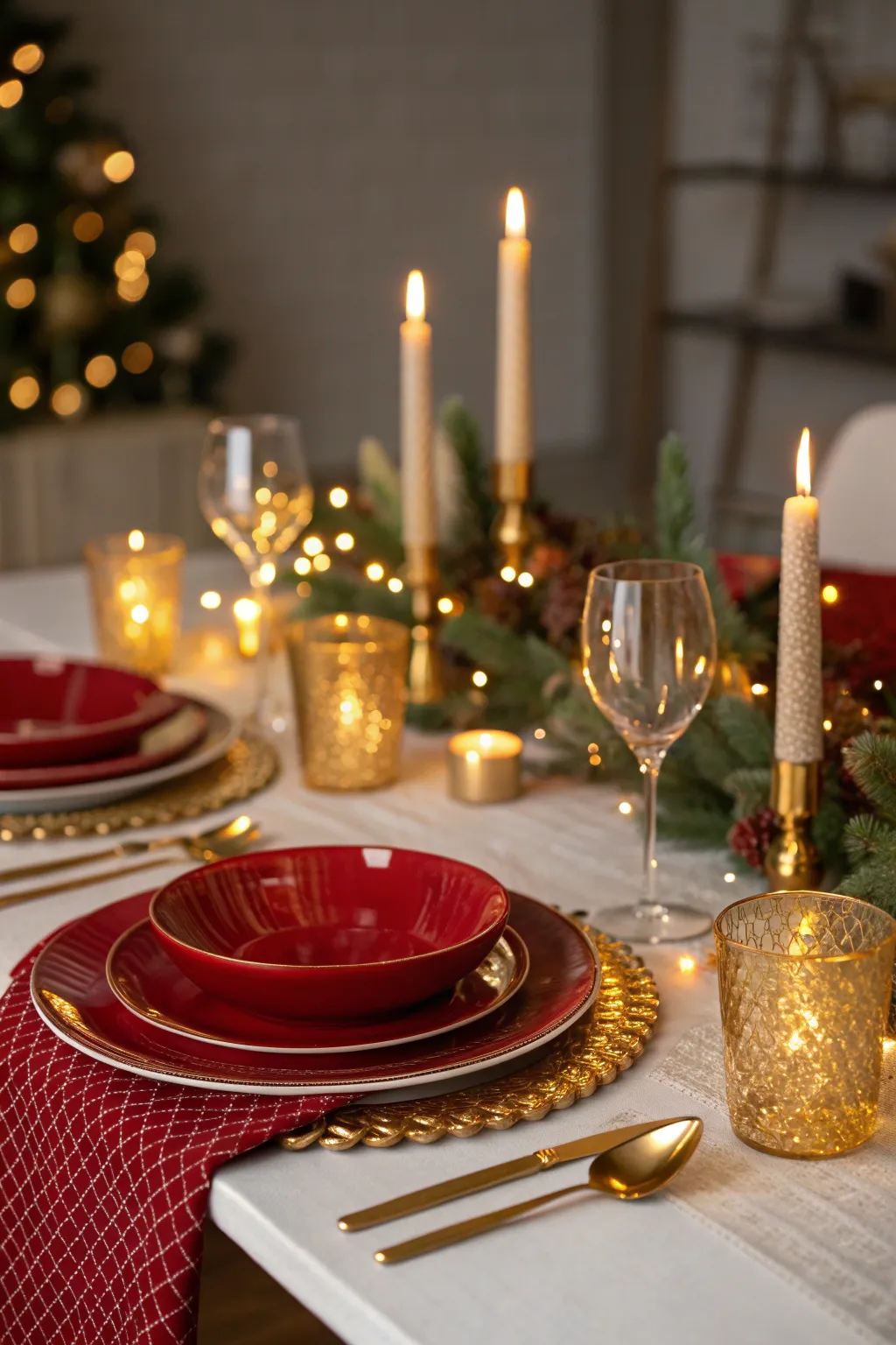 Holiday table set with red dinnerware, gold flatware, and glowing candles creating a golden ambience