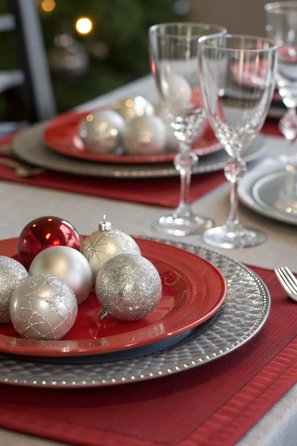 Modern Christmas table decor with silver chargers, red plates, and shimmering ornaments
