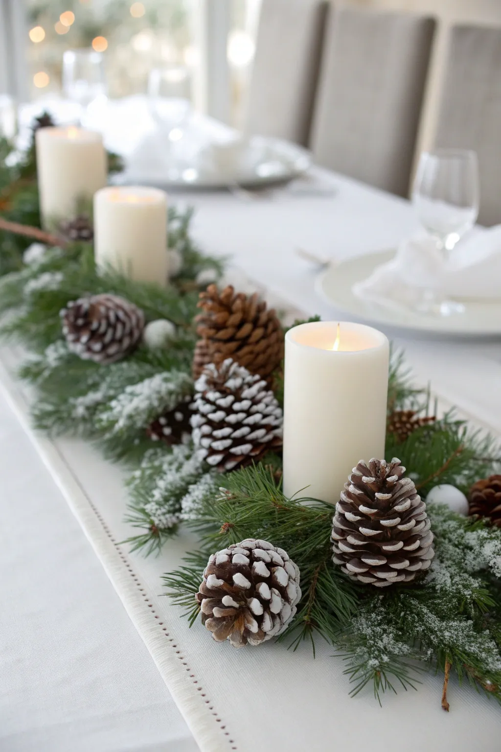White Christmas table decorated with frosted pinecones, greenery, and gently glowing candles