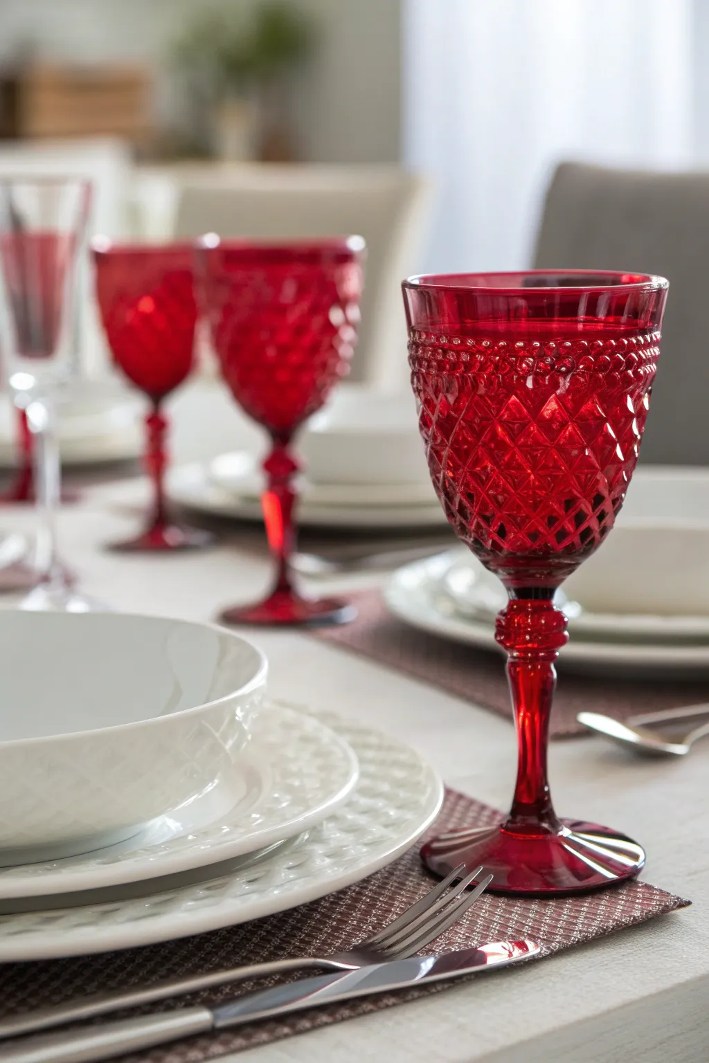 Close-up of red goblets paired with white chargers on a clean minimalist holiday table