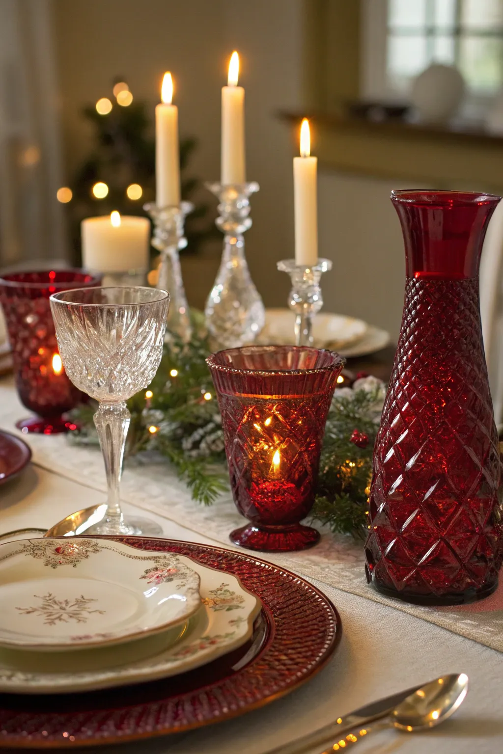 Elegant red and crystal Christmas table with candlelight shining on glass details