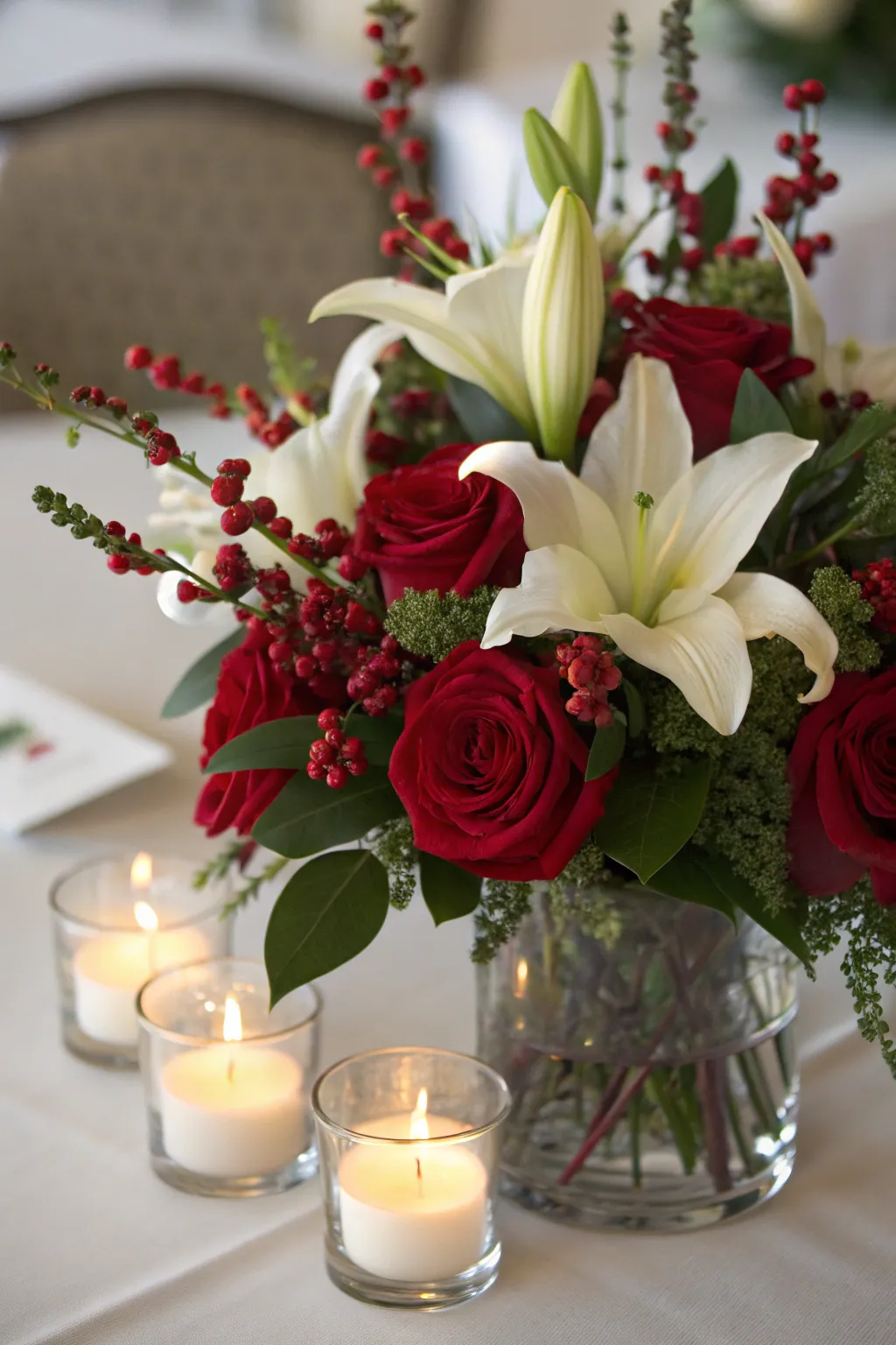 Red roses, white lilies, and winter berries in a glass vase with glowing candle accents