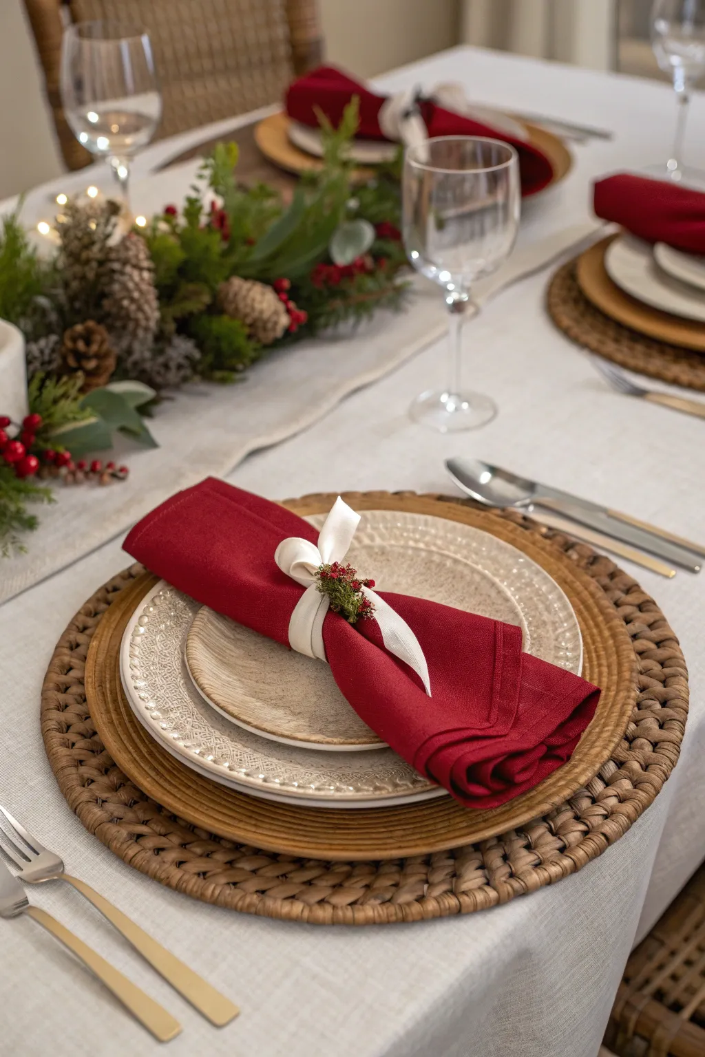 Holiday dinner table with layered materials, red napkins, and warm textured decor